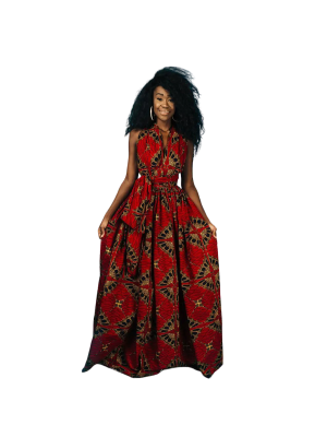Elegant Crimson and Gold Maxi Dress